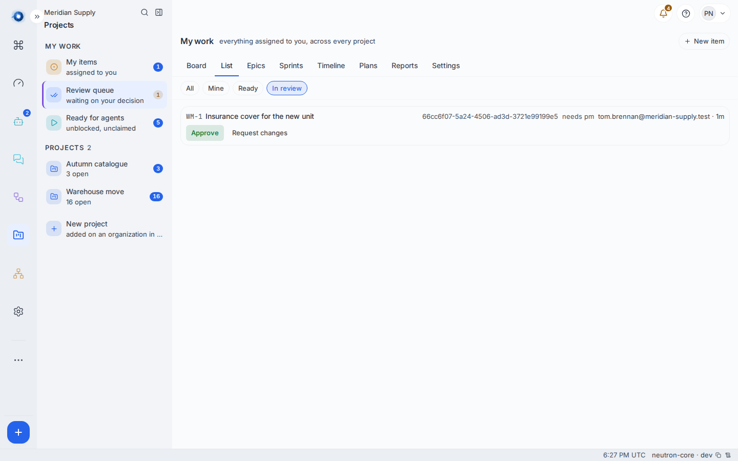 The review queue: what is waiting on your decision, how long it has waited, and the role it needs