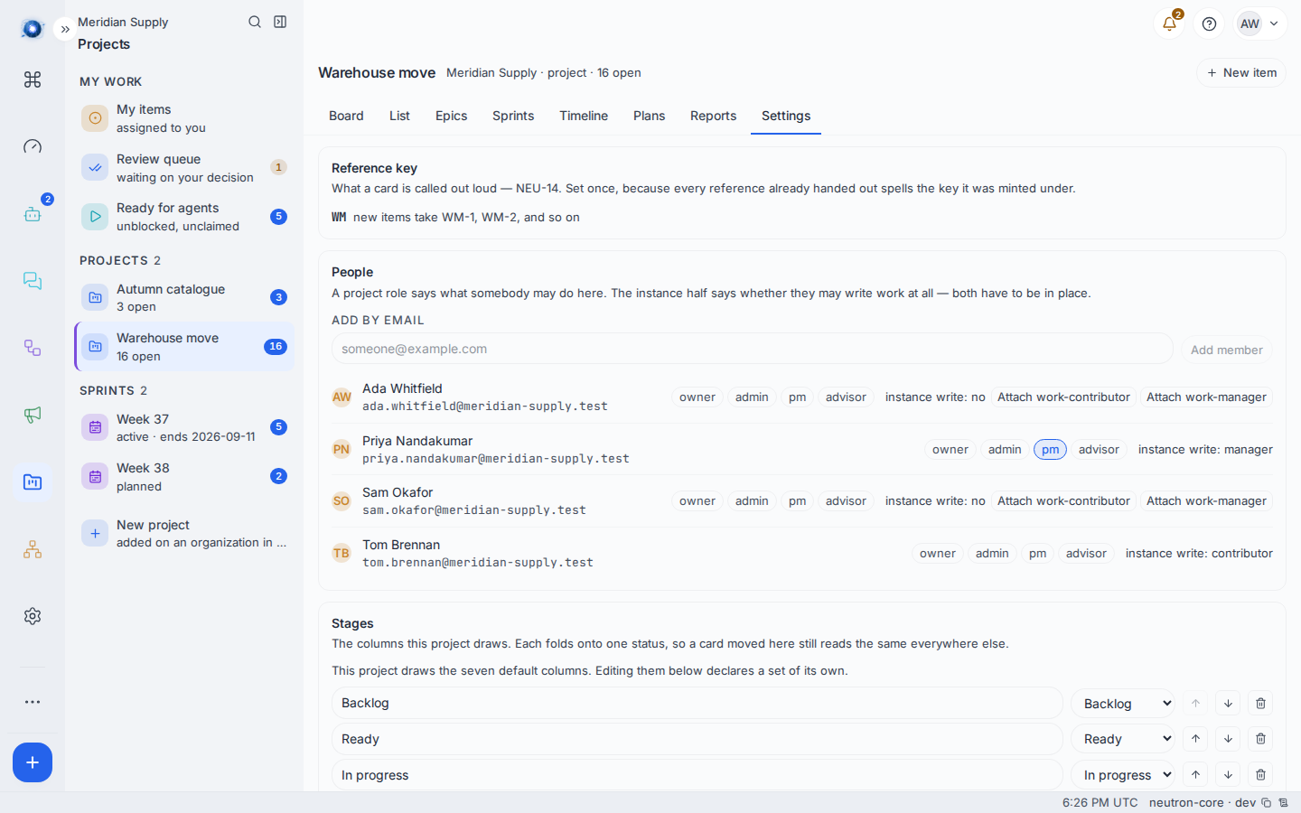 Projects › Settings: the reference key, the people on the project with their roles and their instance half, and the columns the board draws
