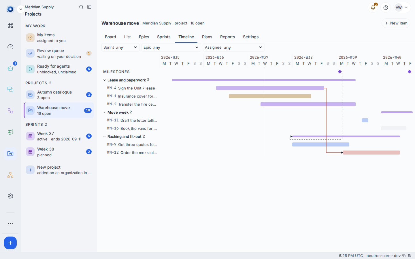 The timeline: milestone diamonds along the top, epics as group headers, bars beneath, and an arrow between two of them