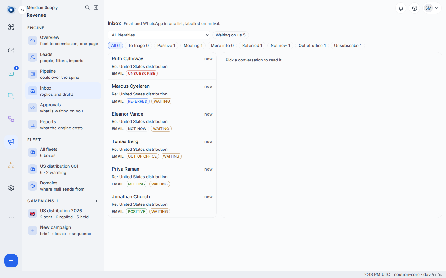 The Inbox, with six replies each carrying a label