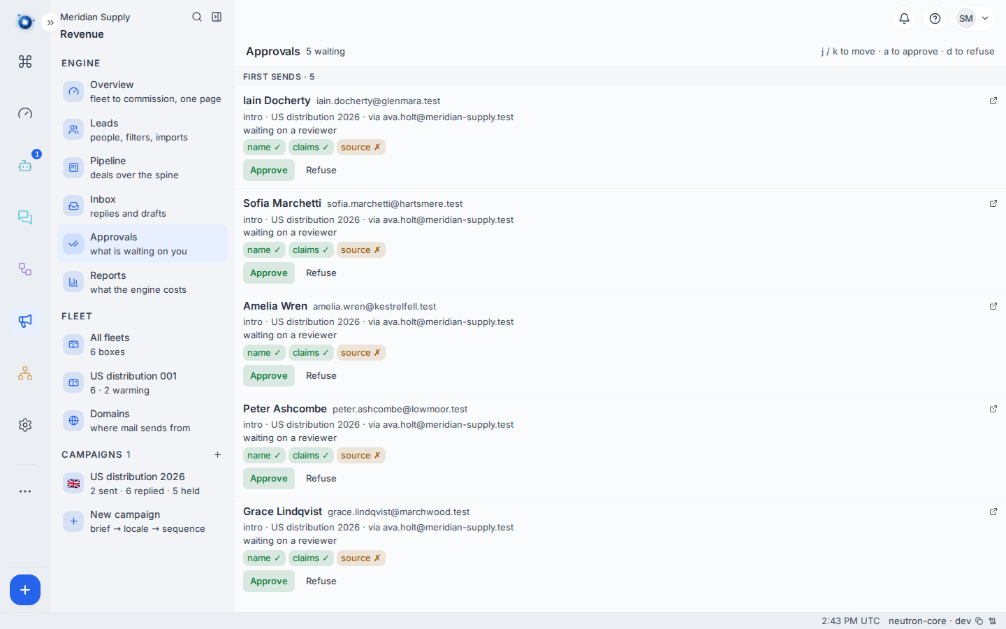 The Approvals page with six first sends waiting
