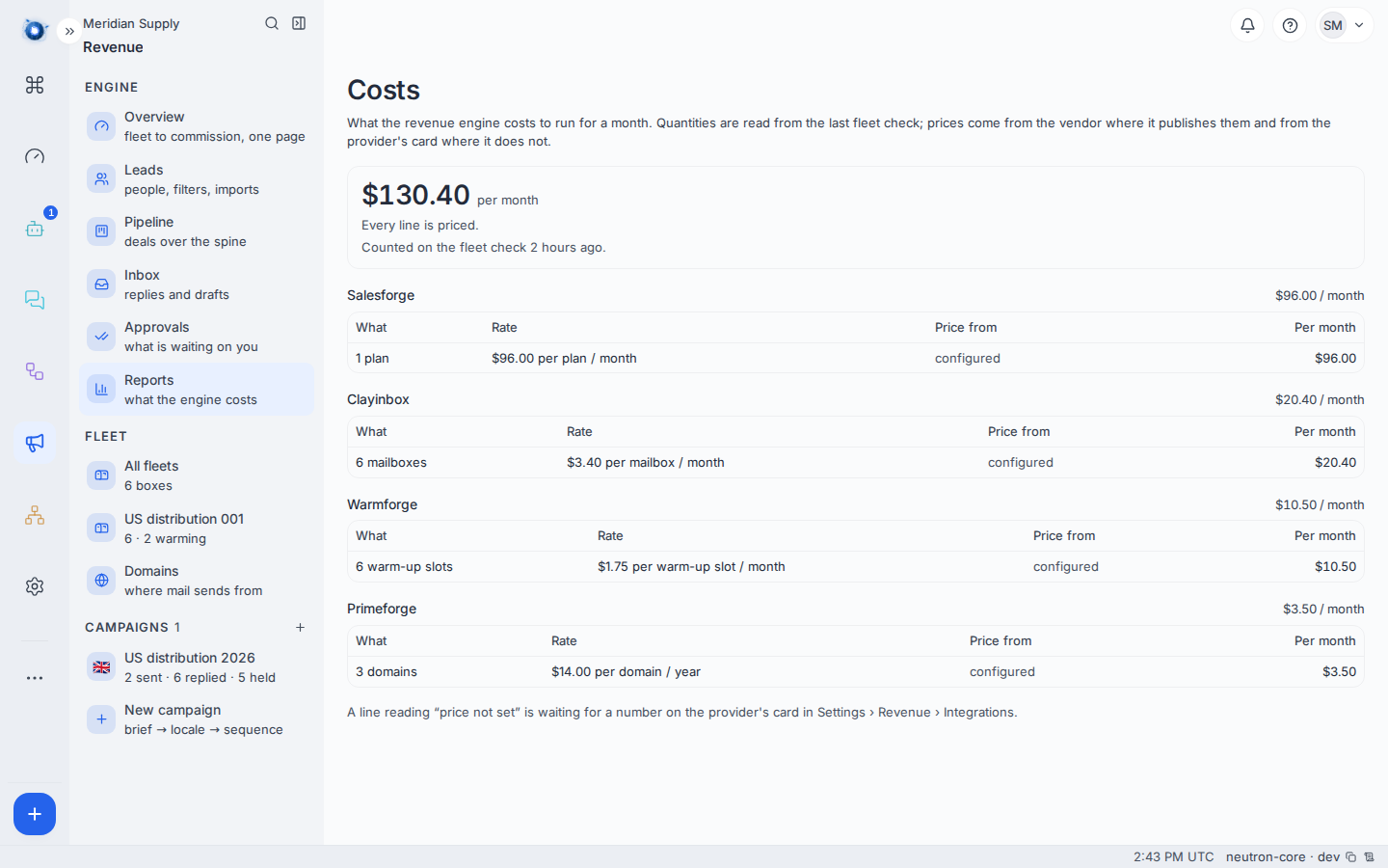 The Costs page, with a line for every configured provider