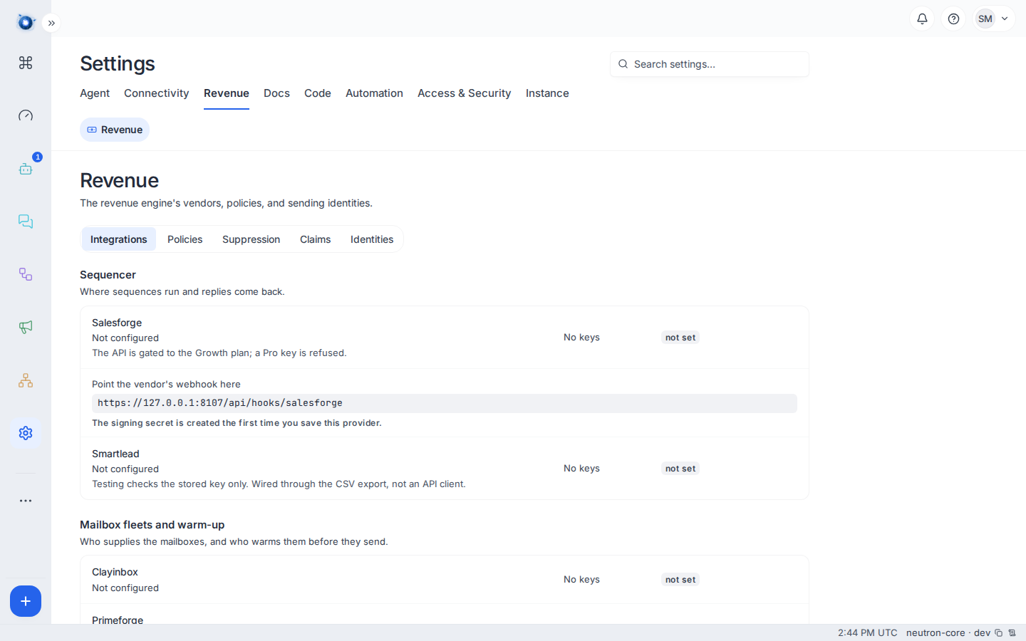 Settings, Revenue, Integrations, with every provider unconfigured